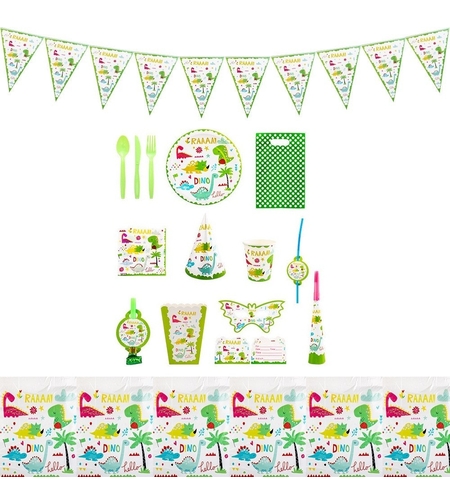 Set 16 Accesorii de Masa, Flippy, Colectia Dino Park, 136 Piese, din Carton/Plastic/Hartie, Multicolor