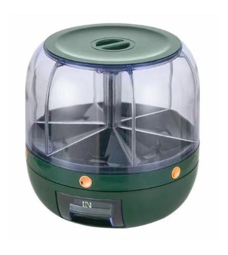 Dozator de cereale Flippy, rotativ 360, 6 compartimente, capacitate 6 L, rezistent la umezeala, inchidere etansa, verde