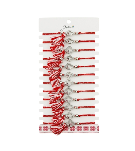 Martisor Bratara cu Ciucure pentru Dama, Jolie, Model Trifoi Contur cu Buburuza, Set 12 bucati, Pandativ din Inox cu Pietre, Snur Reglabil, Rosu/Alb