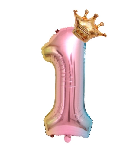 Balon din Folie Metalizata, Flippy, Figurina Cifra Gradient, Tema Aniversare 80 cm, Ambalaj Individual, Pai inclus, Umflare cu Aer sau Heliu, Coronita, Cifra 1