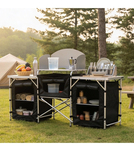 Bucatarie de camping pliabila cu 3 blaturi, cadru aluminiu, portabila pentru exterior, 175x40x111 cm