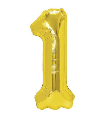 Balon din Folie Metalizata Flippy, Figurina Cifra, Tema Aniversare 100 cm, Ambalaj Individual, Pai inclus, Umflare cu Aer sau Heliu, Auriu, Cifra 1