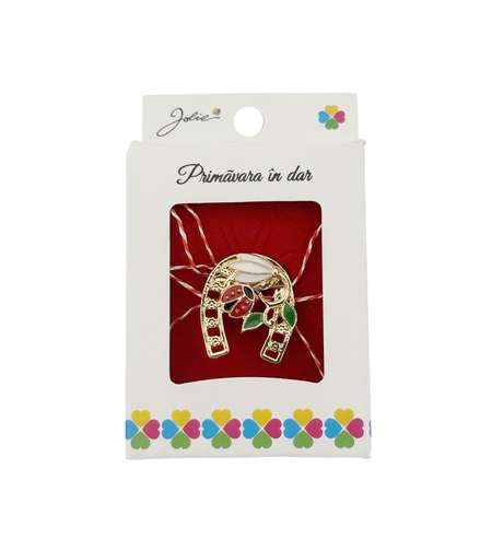 Martisor Brosa, Jolie, Model Potcoava cu Ghiocel si Buburuza, Metal Emailat in Culori, Sistem de Prindere cu Ac, Dimensiune 2.5–3 cm, Ambalaj Individual cu Design, Multicolor