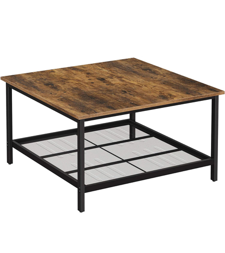 VASAGLE Masa de cafea patrata, cadru otel si polita de depozitare, stil industrial, 80x80x45cm, maro rustic si negru