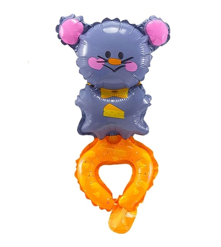 Balon din Folie Metalizata, Vafy, Figurine Animalute, Tip Bratara, Model Soricel, Ambalaj Individual, Pai Inclus, Umflare cu Aer sau Heliu, Gri