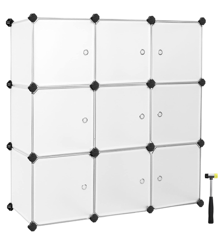 SONGMICS Organizator modular 93x31x93 cm, 9 cuburi cu usi, plastic si cadru metalic, alb