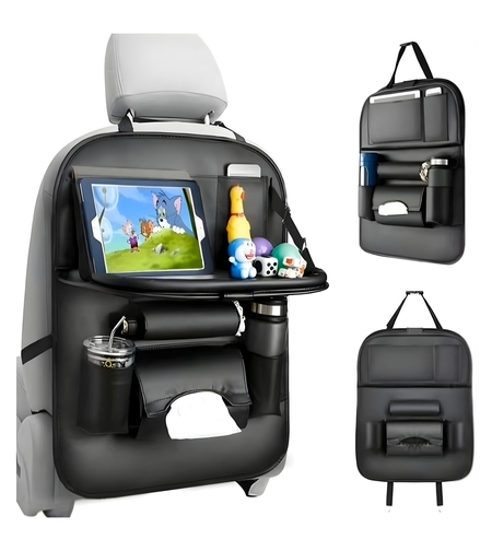 Organizator Spate Scaun Auto, Flippy, Masa Pliabila, Piele Ecologica, Impermeabil, Suport pentru Tableta, Sortare Lucruri si Protejare Tapiterie, 40 x 63cm, Negru