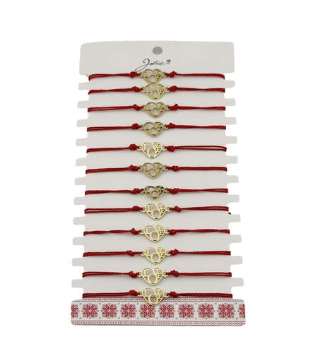 Bratara Martisor pentru Dama, Jolie, Model Love, Set 12 bucati, Pandativ din Inox Auriu, Snur Ajustabil Impletit, Rosu