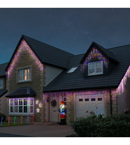 Instalatie Craciun Yoto, Tip Franjuri/Turturi, 4 m, 120 LED-uri, Prelungitor 1.5 m, 8 Jocuri de Lumini, Interconectabila, Conectare la Retea, Fir transparent, Interior/Exterior, Multicolor