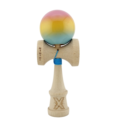 Kendama X Originala, Profesionala, Flippy, Big Cups V2, Super Sticky cu Cupe Mari, din lemn 18 cm, Rulment Metalic cu Ata 55 cm, Roz/Galben/Albastru