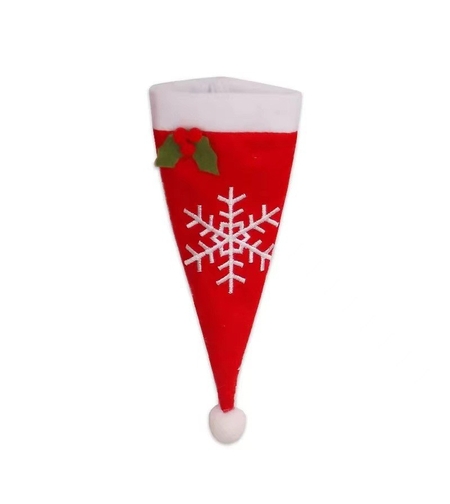 Husa decorativa festiva pentru 3 tacamuri Flippy, model caciulita cu fulg, material textil si poliester, 18 x 7 cm, rosu