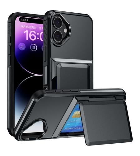 Husa de Protectie compatibila Apple iPhone 17, Vafy, Compartiment pentru Carduri, Anti-alunecare, Protectie PC, Rezistenta la Zgirieturi, Negru