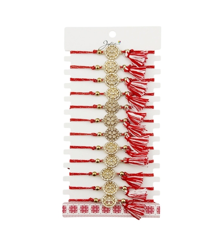 Martisor Bratara cu Ciucure pentru Dama, Jolie, Model Cerc Trifoi cu Patru Foi, Set 12 bucati, Pandativ din Inox cu Pietre, Snur Reglabil, Rosu/Alb