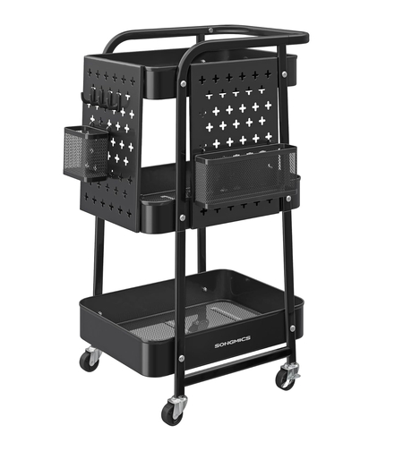 SONGMICS Raft de depozitare mobil tip carucior rulant, pentru baie sau bucatarie, cadru otel, 32x43x74 cm, negru