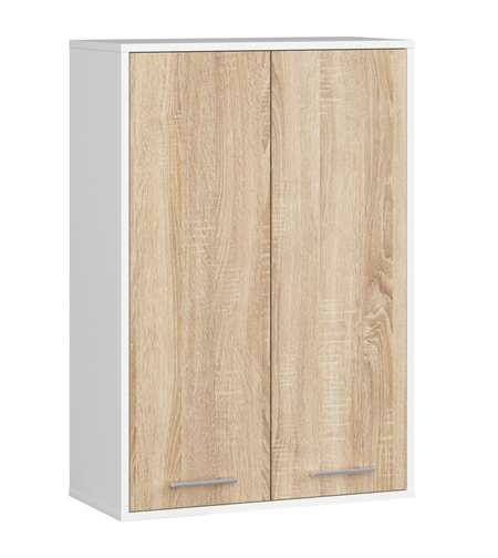 Dulap baie suspendat, cu 2 usi si 4 rafturi interioare, PAL 16 mm, 64x30x94 cm, alb si stejar sonoma