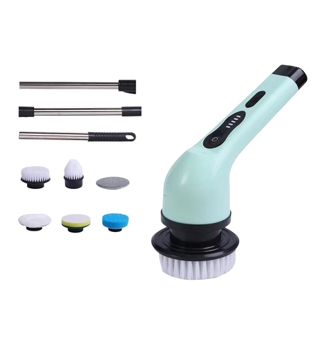 Perie Electrica de Curatare, Flippy, pentru Gresie, Baie, Bucatarie, 25x20x9.5 cm, cu 6 Capete, Maner Extensibil Detasabil 84-127cm, Incarcare USB-Type C, Rotire 360 de Grade, 3000 mAh, Culoare: Verde