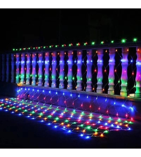 Instalatie Craciun, Tip Plasa, IP 44, 30 x 1 m, 1200 LED-uri, Multicolor, 8 jocuri de lumini, Transformator cu telecomanda, Interconectabila, Prelungitor 3 m inclus, Fir transparent, Vafy