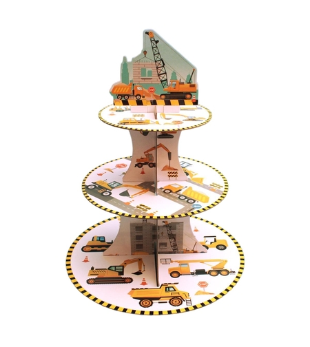 Etajera pentru Prajituri, Flippy, din Carton, 3 Nivele, 16/22/29 cm Diametru, Inaltime 38 cm, Tema Utilaje de Santier, Multicolor