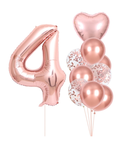 Set 10 Baloane Folie si Latex, Flippy, Tematica Aniversare, Baloane Latex 25cm, Figurina Inimioara 45 cm, Cifra 4 de 81 cm, Ambalaj Individual, Pai Inclus, Umflare cu Aer sau Heliu, Roz Pal