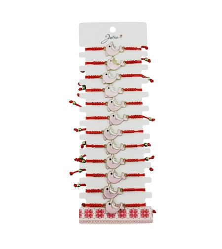 Martisor Bratara pentru Dama si Copii, Jolie, Model Delfin Jucaus, Set 12 bucati, Pandantiv Emailat cu Detalii Aurii, Snur Reglabil, Rosu/Roz