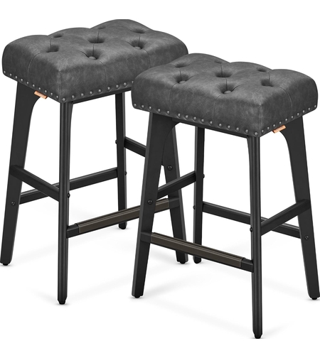 VASAGLE Set 2 scaune bar cu tapiterie piele ecologica, picioare din lemn, 44x32x66 cm, negru