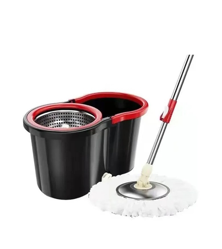 Set mop rotativ cu galeata Flippy, material plastic si microfibra, rezistent, cu dop scurgere, vas detasabil, pentru interior, capacitate 8 l, negru/rosu