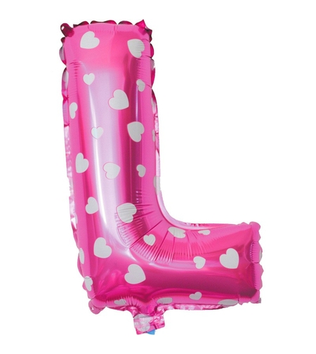 Balon Folie Metalizata Litera L, Flippy, 40 cm, Cu Imprimeu Inimioare, Umflati cu Heliu sau Aer, Ambalaj Individual, Pai inclus, Roz