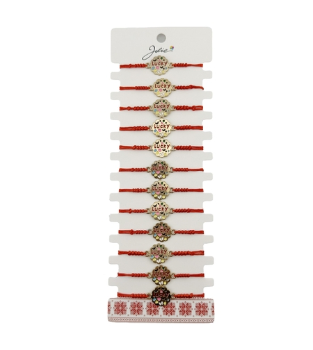 Bratara Martisor pentru Dama, Jolie, Model Lucky, Set 12 bucati, Pandativ din Inox Auriu, Snur Ajustabil Impletit, Rosu
