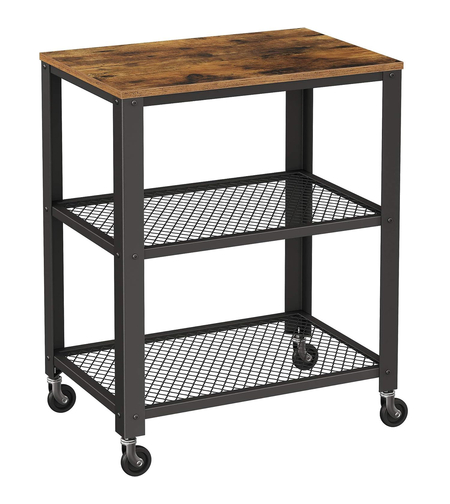 VASAGLE Carucior de servire pe roti, cu polite, pentru bucatarie, 40x60x77cm, industrial, maro rustic
