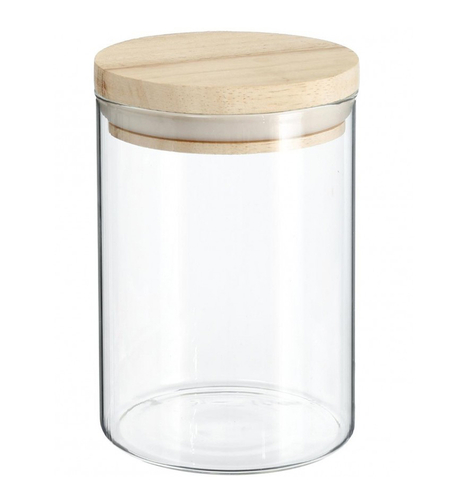 Borcan etans 5Five din sticla borosilicata cu capac lemn natural, 0.6 l, transparent
