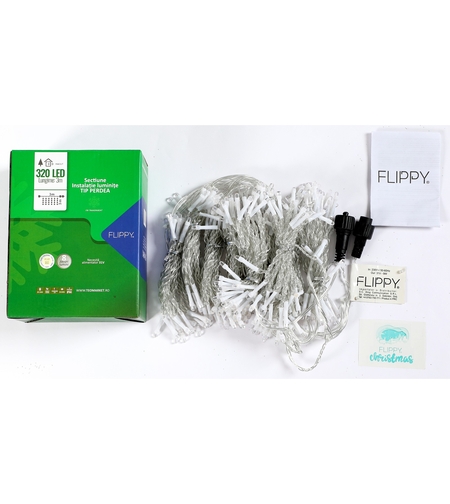 Sectiune Instalatie de Craciun Flippy Tip Perdea, cu 8 jocuri de lumini, 3 m x 3 m, 240 LED-uri, Interconectabila, Fir Transparent, Alb Rece