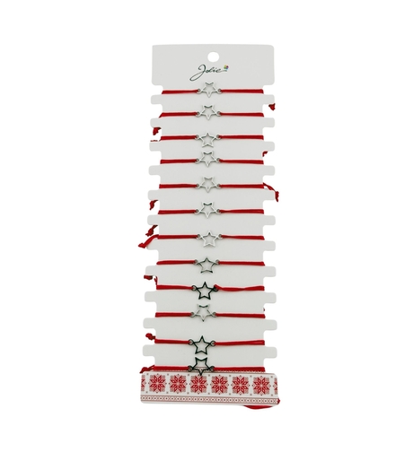 Bratara Martisor pentru Dama, Jolie, Model Stea, Set 12 bucati, Pandativ Argintiu din Inox cu Snur Rosu Ajustabil