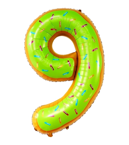 Balon din Folie Metalizata Flippy, Figurina Cifra, Imprimeu Gogosi, Tema Aniversare 100 cm, Ambalaj Individual, Pai inclus, Umflare cu Aer sau Heliu, Multicolor, Cifra 9