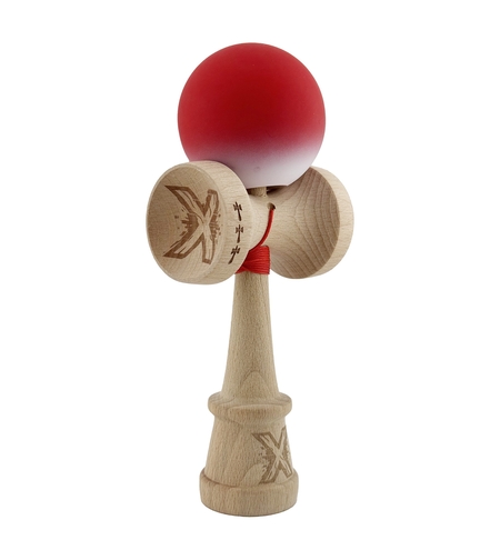 Kendama X Originala, Profesionala, Flippy, Cupe Mari KING SIZE V3, Rubber Grip, Gaura in Baza, Rulment Metalic, din lemn 18 cm, Ata 62/65 cm, Gradient Rosu/Alb