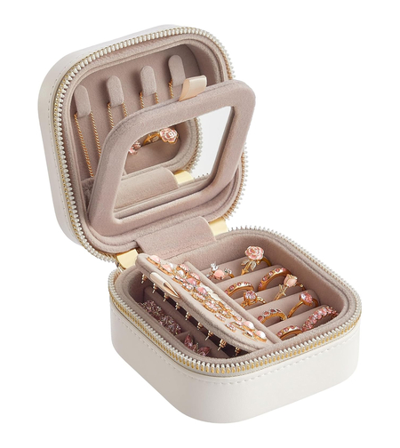 SONGMICS Cutie de bijuterii compacta cu oglinda si fermoar, 11x11x6 cm, alb