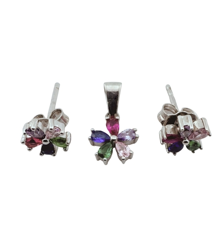 Set Cercei si Pandantiv, Jolie Silver, Argint 925, pentru Dama, Pietre Zirconia Multicolor, model Floare 5 Petale colorate, 2.07 g, Argintiu