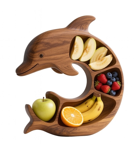 Platou pentru Servire, Vafy, in Forma de Delfin, 4 Compartimente pentru Mezeluri, Branzeturi, Snacksuri, Fructe, Design Artistic, din Lemn Masiv, 26 x 25 x 4 cm, Maro Natur