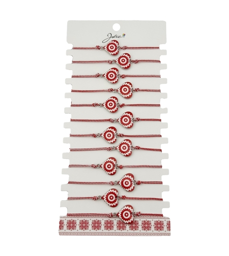 Bratara Martisor pentru Dama, Jolie, Model Inima, Set 12 bucati, Pandativ din Aliaj cu Print Traditional, Snur Ajustabil Impletit, Alb/Rosu
