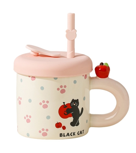 Cana din Ceramica cu Capac si Pai, Flippy, Capacul si Paiul din Silicon Roz, 9x8.5 cm, Model Cute D, Capacitate 380ml
