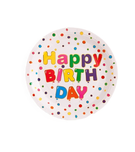Set 10 Farfurii Unica Folosinta, Flippy, Imprimeu Happy Birthday, din Carton, Diametru 23 cm, Multicolor
