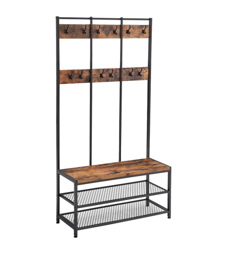 VASAGLE Cuier hol cu 12 carlige si banca pantofi, cadru metalic, stil industrial, 100x40x186 cm, maro rustic