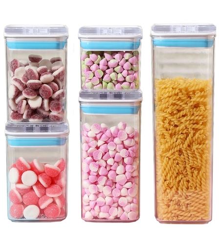 Cutii de Depozitare Alimente, Flippy, Set din 5 Cutii de tip Container, 1x0.5 l, 2x0.8 l, 1x1.2 l, 1x1.9 l, Recipiente pentru Cereale in Bucatarie, Transparente cu Capac Albastru-Alb