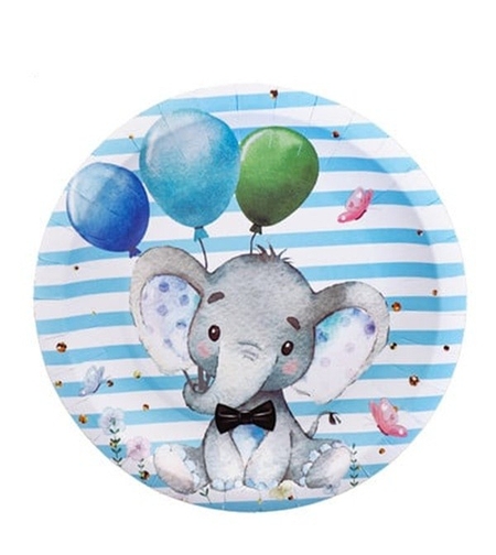Set 10 Farfurii Unica Folosinta, Flippy, Imprimeu Elefant, din Carton, 22 cm, Albastru
