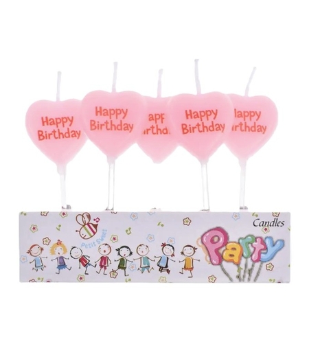 Set 5 Lumanari de Tort, Flippy, Model Inima, Text Happy Birthday, 2.5 x 2.5 cm, din Ceara, Multicolor