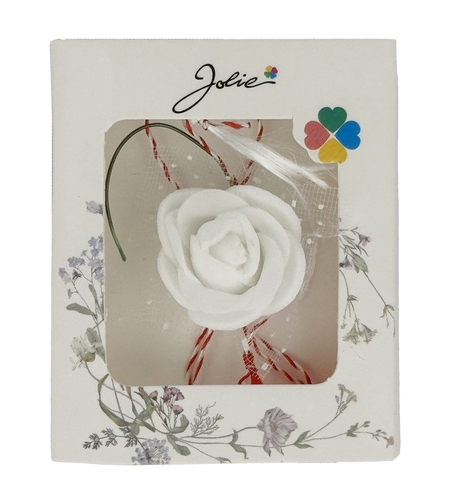 Martisor Motiv Floral, Jolie, Model Trandafir, cu Snur Alb/Rosu, 9 x 5 cm, Alb