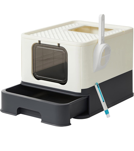 FEANDREA Litiera pentru pisici cu capac, tava extensibila, pentru pisici de pana la 15 kg, 54x43x38cm, bej negru