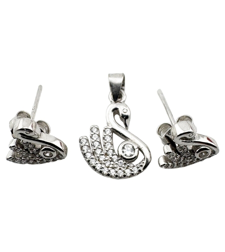 Set Pandativ cu Cercei pentru Dama, Jolie, Argint 925, Model Lebada cu Pietre, 2.7g, 1.5 cm x 1 cm, Argintiu