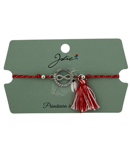 Martisor Bratara Ciucure, Jolie, Snur Rosu Reglabil, cu Pandantiv, Model Cerc Infinit