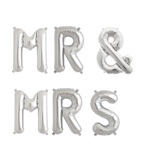 Set Baloane din Folie Metalizata, Flippy, Figurine Litere, Model MR&MRS, Tema Nunta, 40 cm, Baloane Party, Ambalaj Individual, Pai inclus, Umflare cu Aer sau Heliu, Argintiu