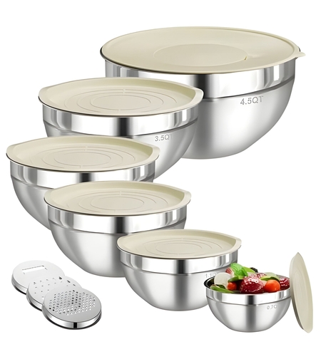 Set 6 Boluri pentru Mixare si Depozitare, Vafy, Inox Premium, Capace Ermetice, 3 Accesorii Razuire si Feliere, Interior Gradat, Design Nestable, Argintiu